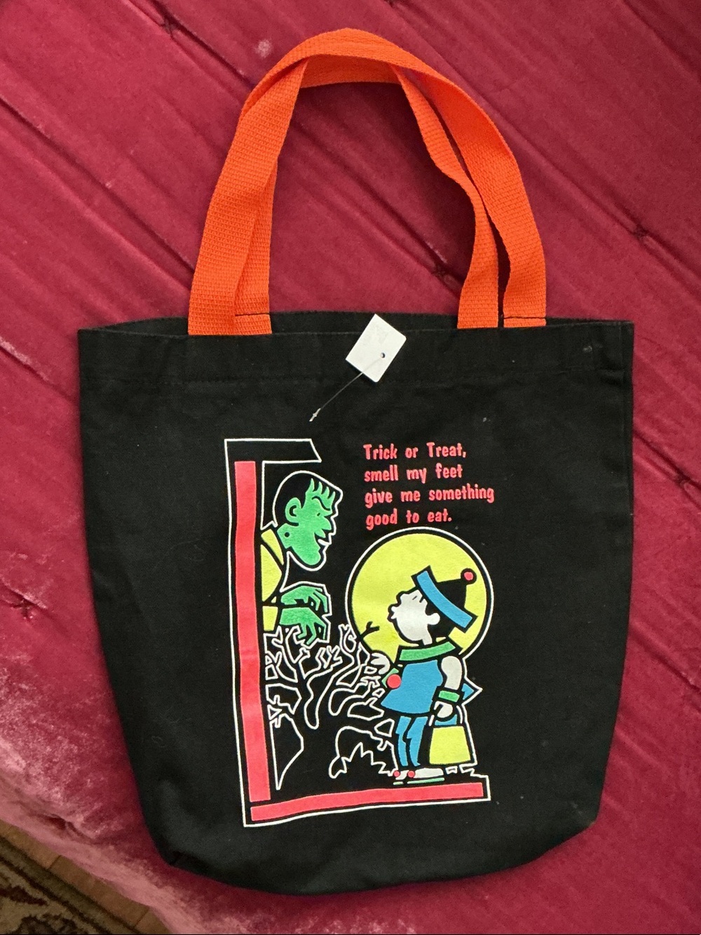 Black Halloween Graphic Tote Bag with Orange Handles